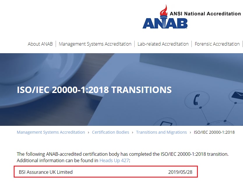BSI 全球第一家獲 ANAB ISO/IEC 20000-1:2018 認證