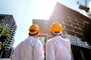 Dwóch architektów stojących przed budowanym budynkiem