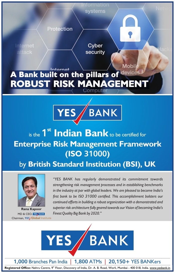 YES Bank is the 1st Indian Bank to be certified for Enterprise Risk Management Framework ISO 31000 by BSI