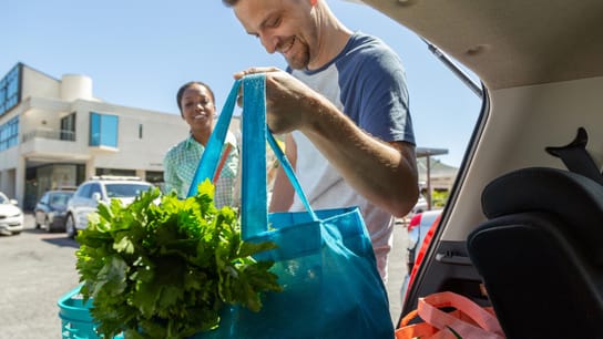 People with bag of groceries packing in a car.