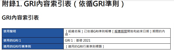 GRI索引範例表-依循GRI使用準則聲明