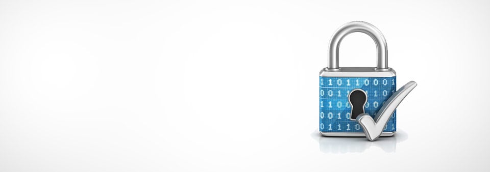 Cybersecurity image of padlock covered in binary numbers (zeros and ones). Padlock has key hole on front of padlock with silver tick symbol to one side.
