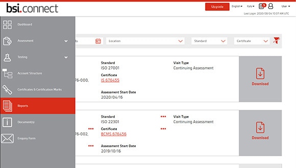 BSI Connect reports screen