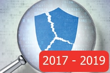 Cybersecurity image of magnifying glass over a broken shield. Year 2017 - 2019 presented to one side.