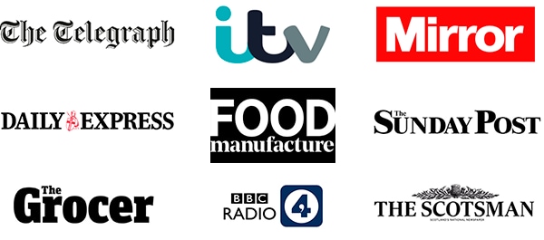 Press logos of ITV, Telegraph, BBC Radio 4, The Mirror, The Express, The Sunday Post, Food Manufacture, The Scotsman, and The Grocer.