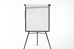 Free standing, training white board with blank page.