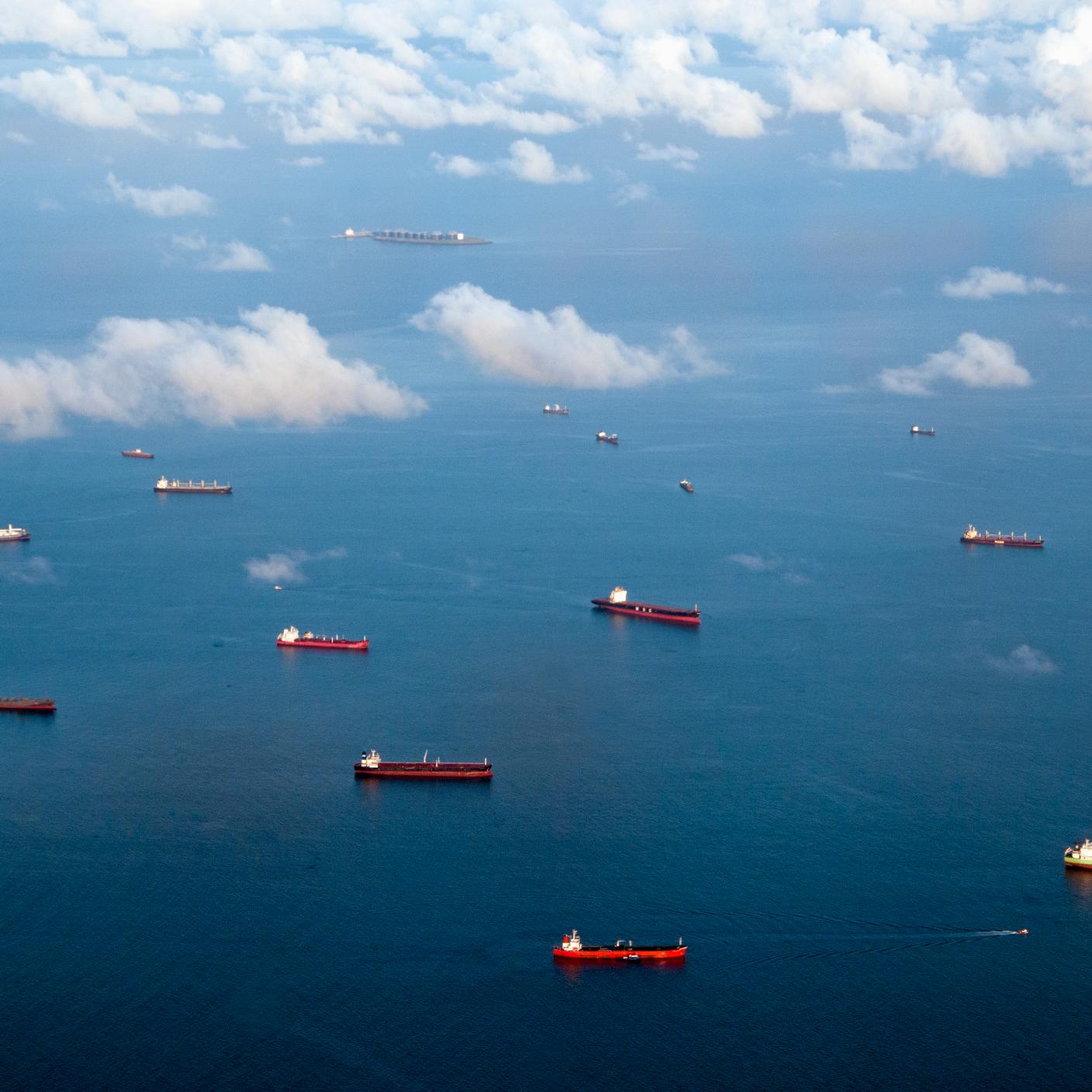 Aerial view of ships in the ocean. Panama, Central America.