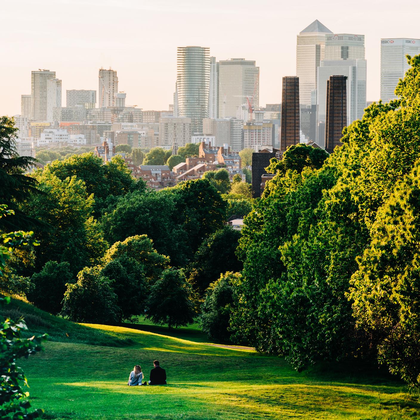 Greenwich Park, London looking the Canary Wharf skyline