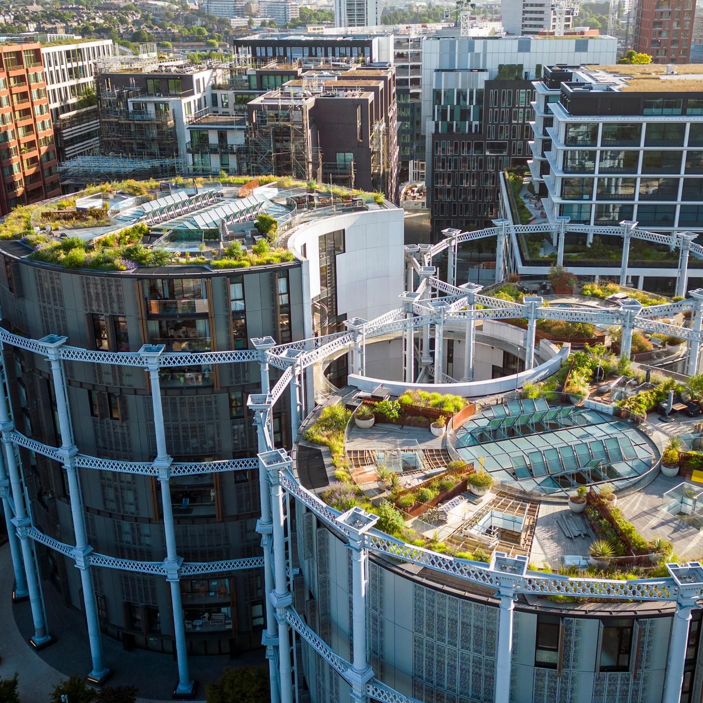 Aerial view of the roof gardens at Gasholder Park, Kings Cross