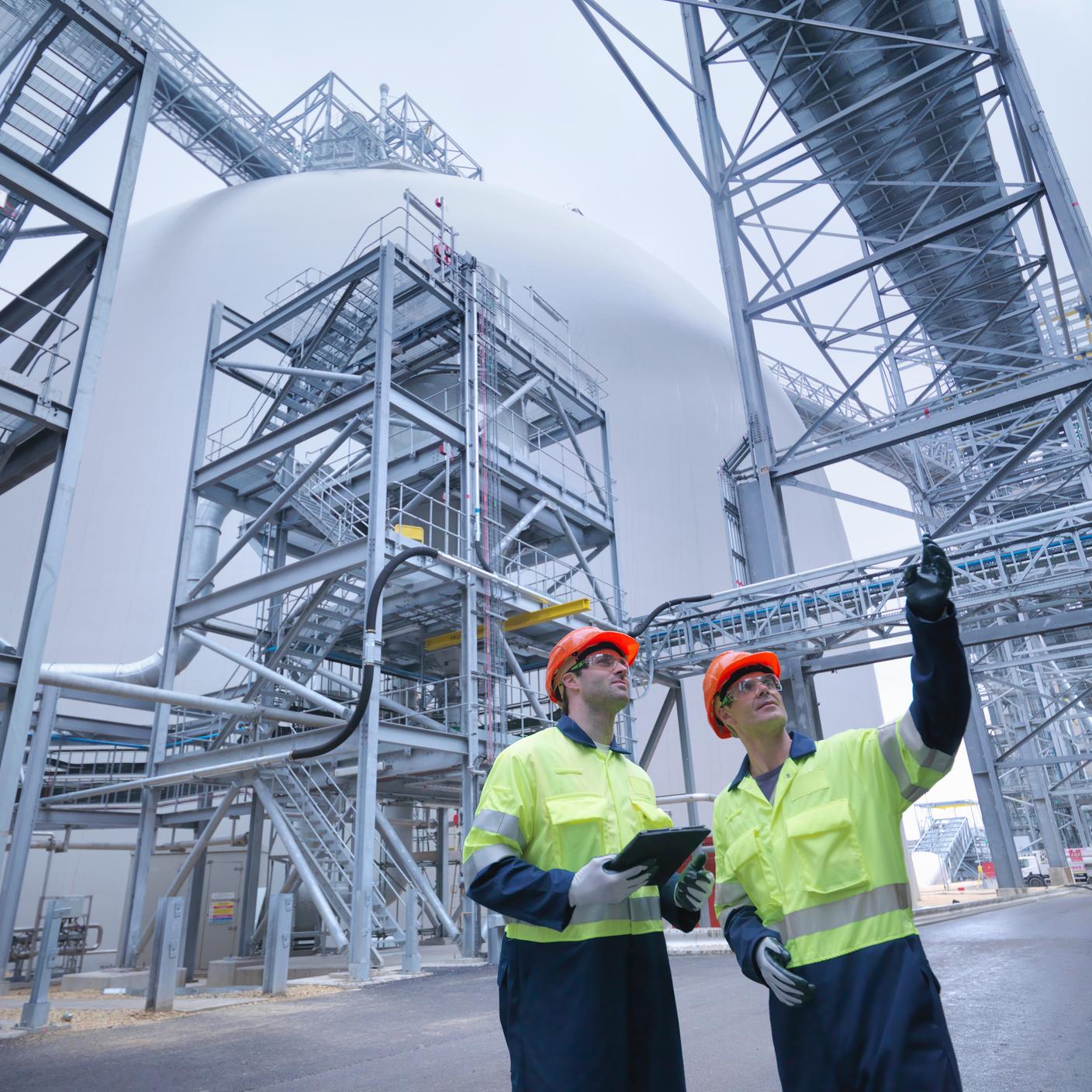 energy - workers discussing in biomass facility