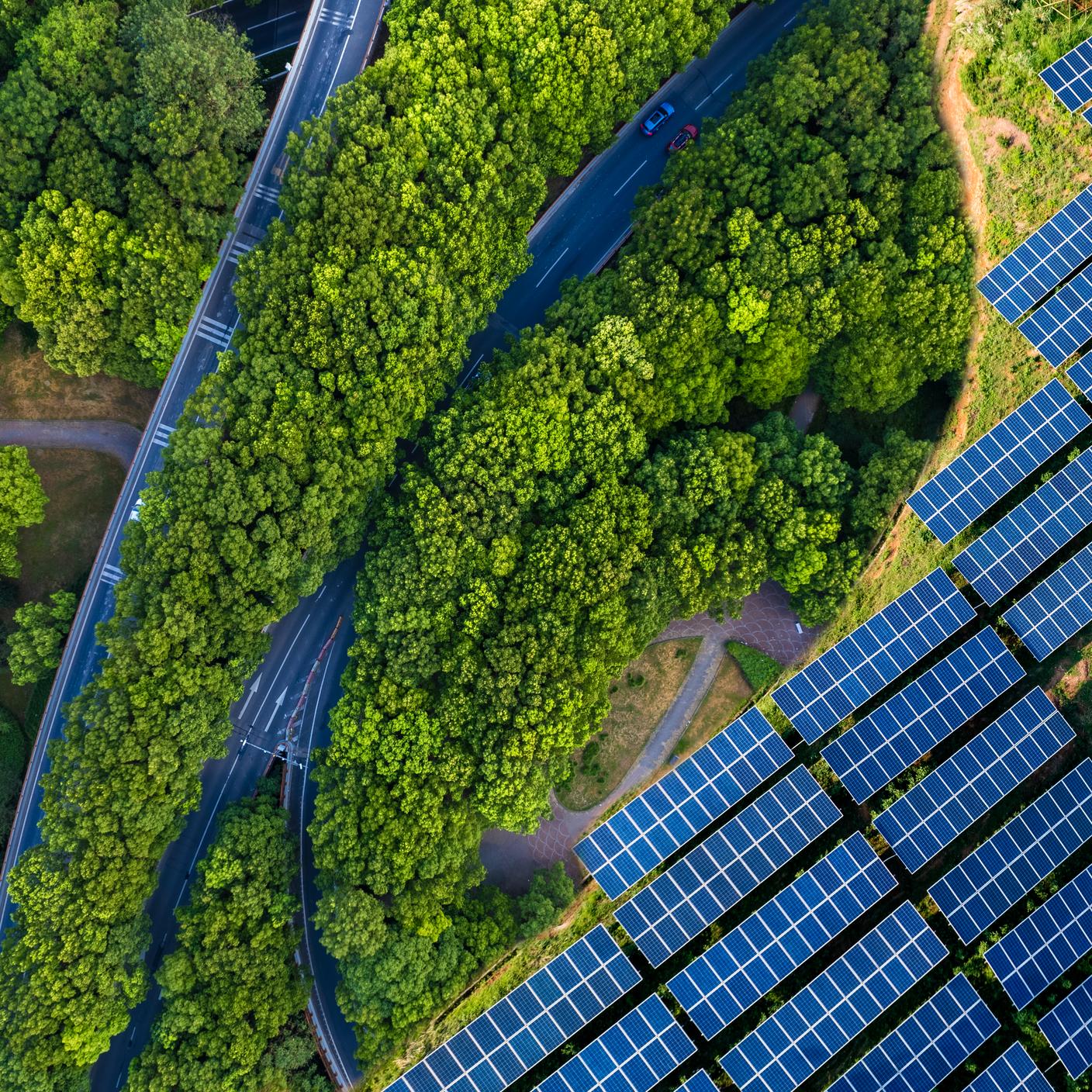 High angle view of solar panels and agricultural landscape