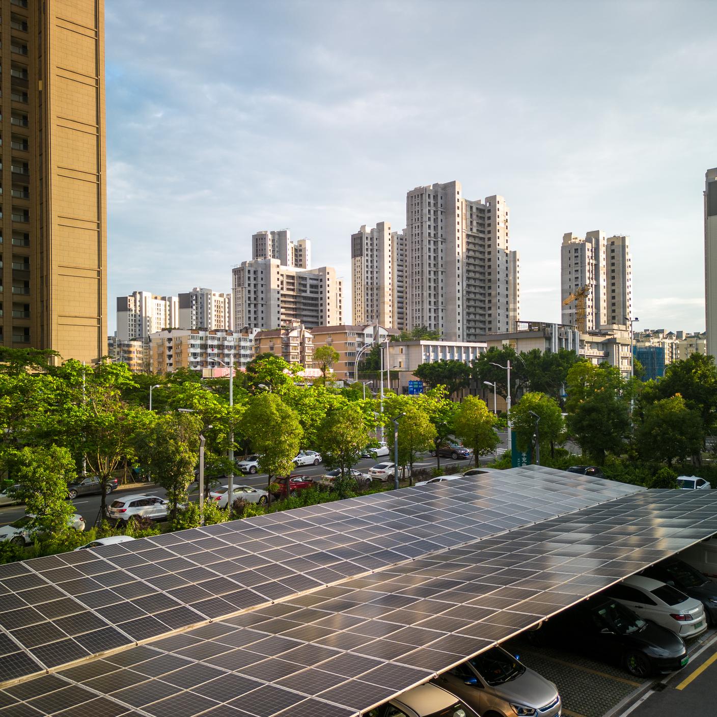 Urban parking lot uses solar panels as roof