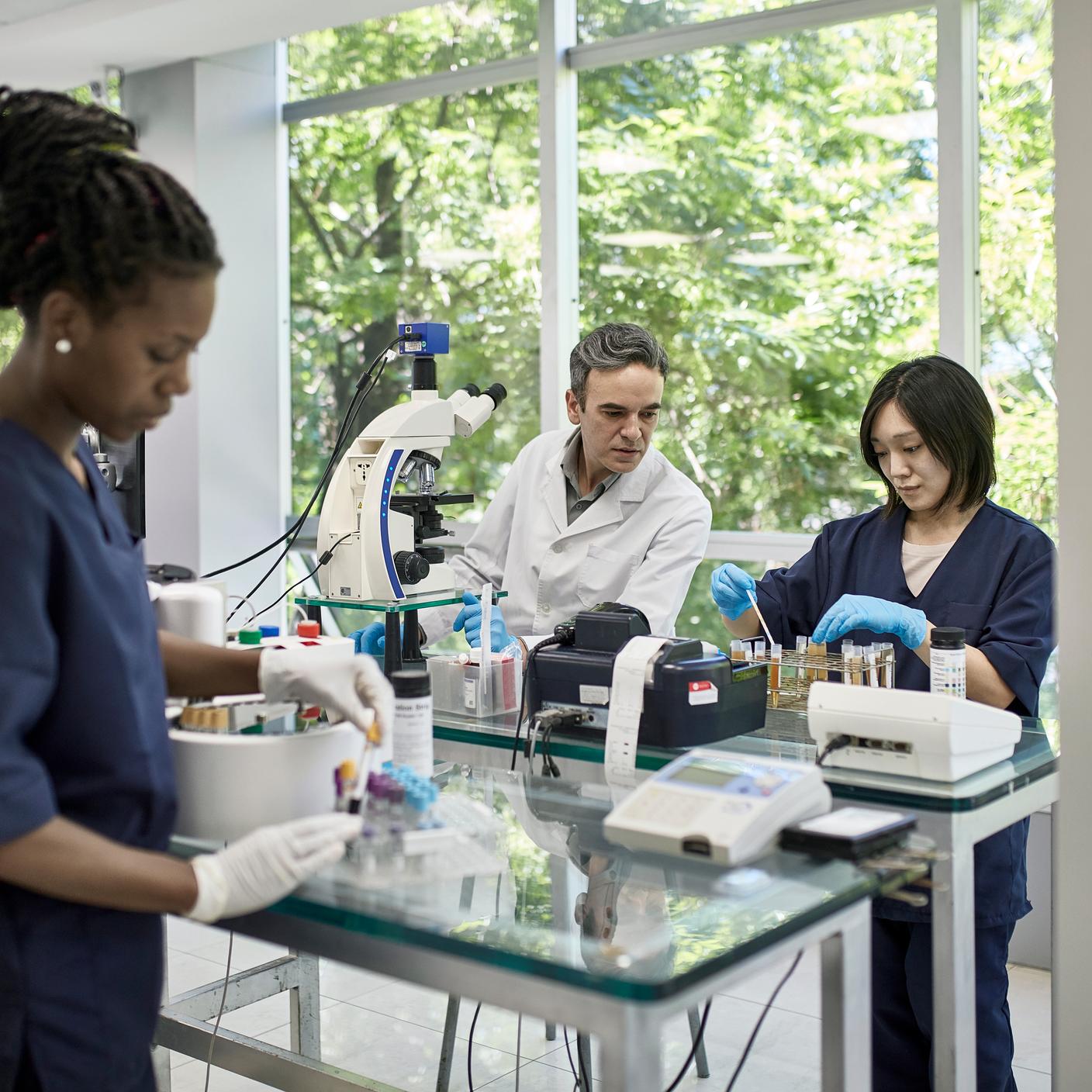 EU MDR Rule 21 - Diverse group of male and female staff members working in a lab