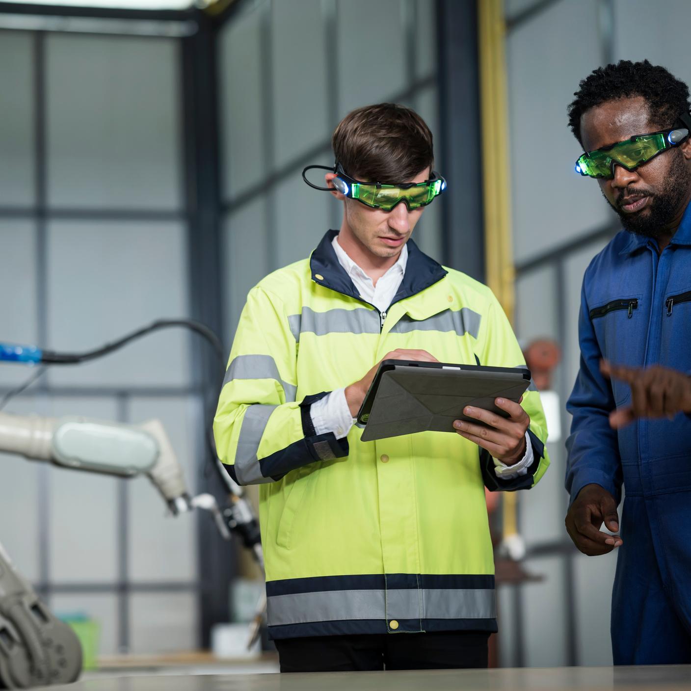 workers discussing over tablet