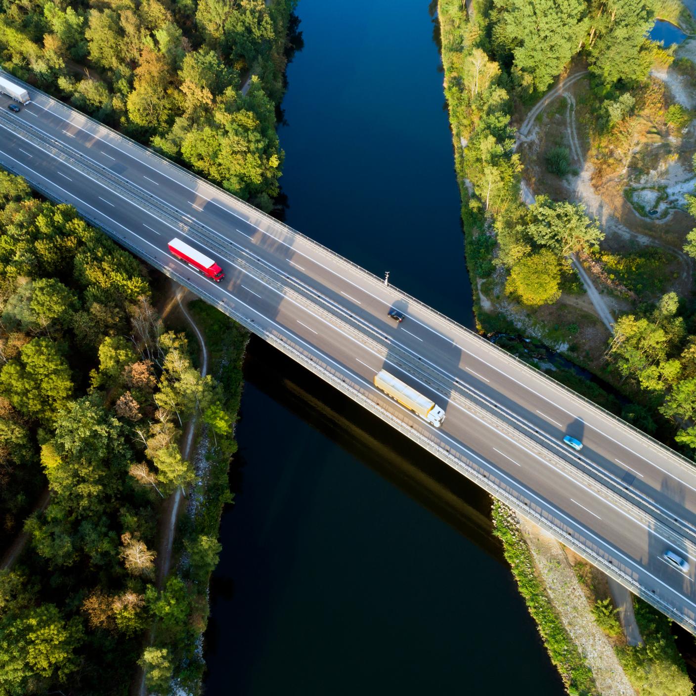 Aerial view of highway bridge over Danube River, Bavaria, Germany