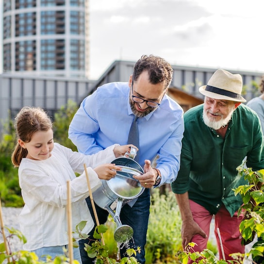 Mixed generations in a shared garden and gardening in a city.