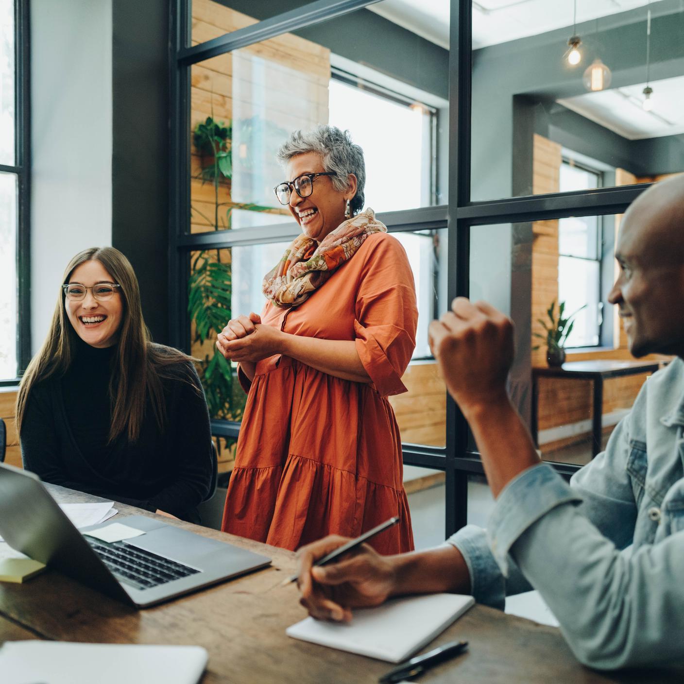 BS 30416 - businesspeople smiling cheerfully during a meeting in a modern office