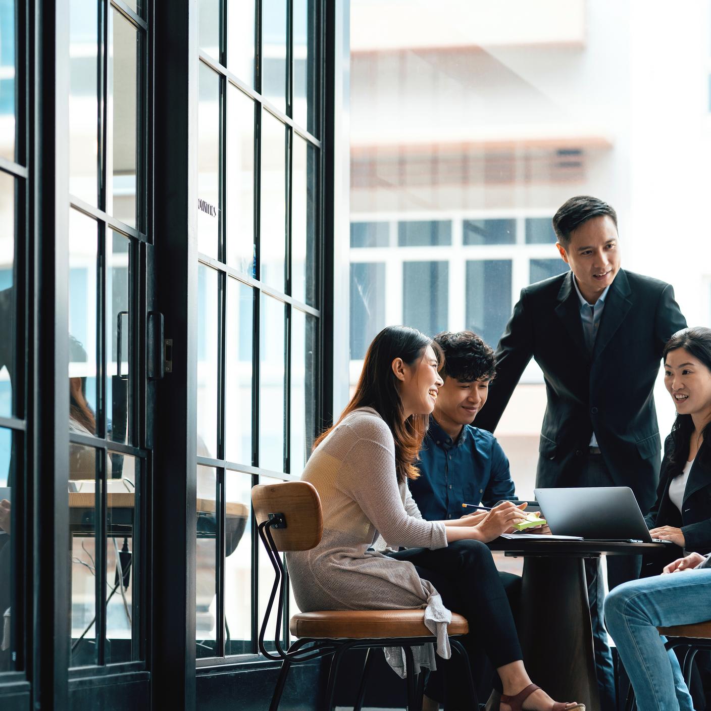 Expert team in discussion in an open working environment