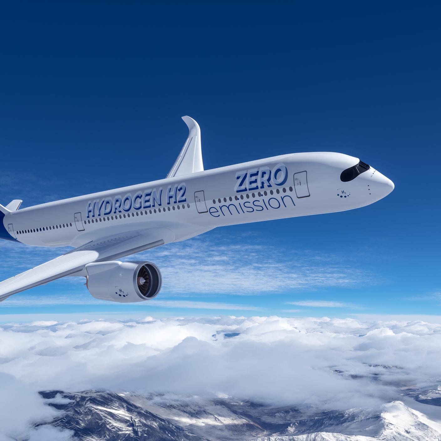 Blue Hydrogen filled H2 Aeroplane flying in the sky - future H2 energy concept.