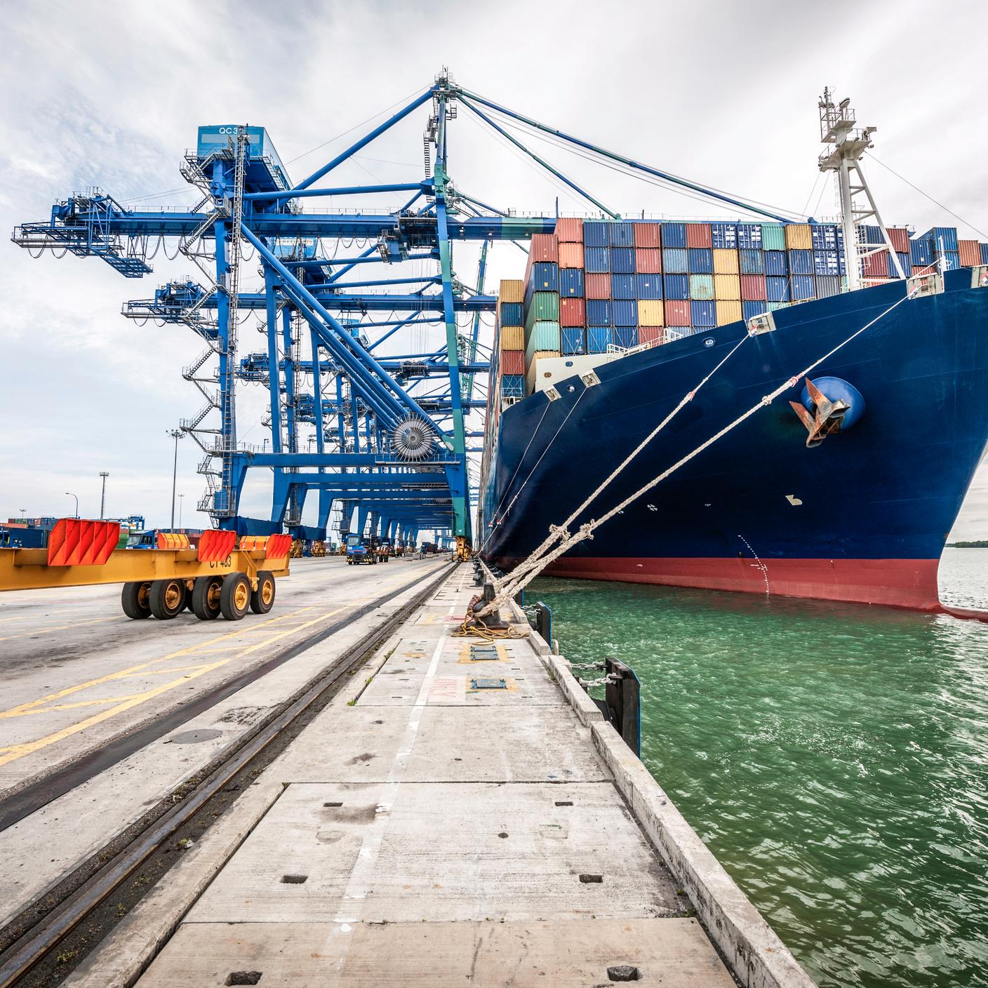 Docked container ship