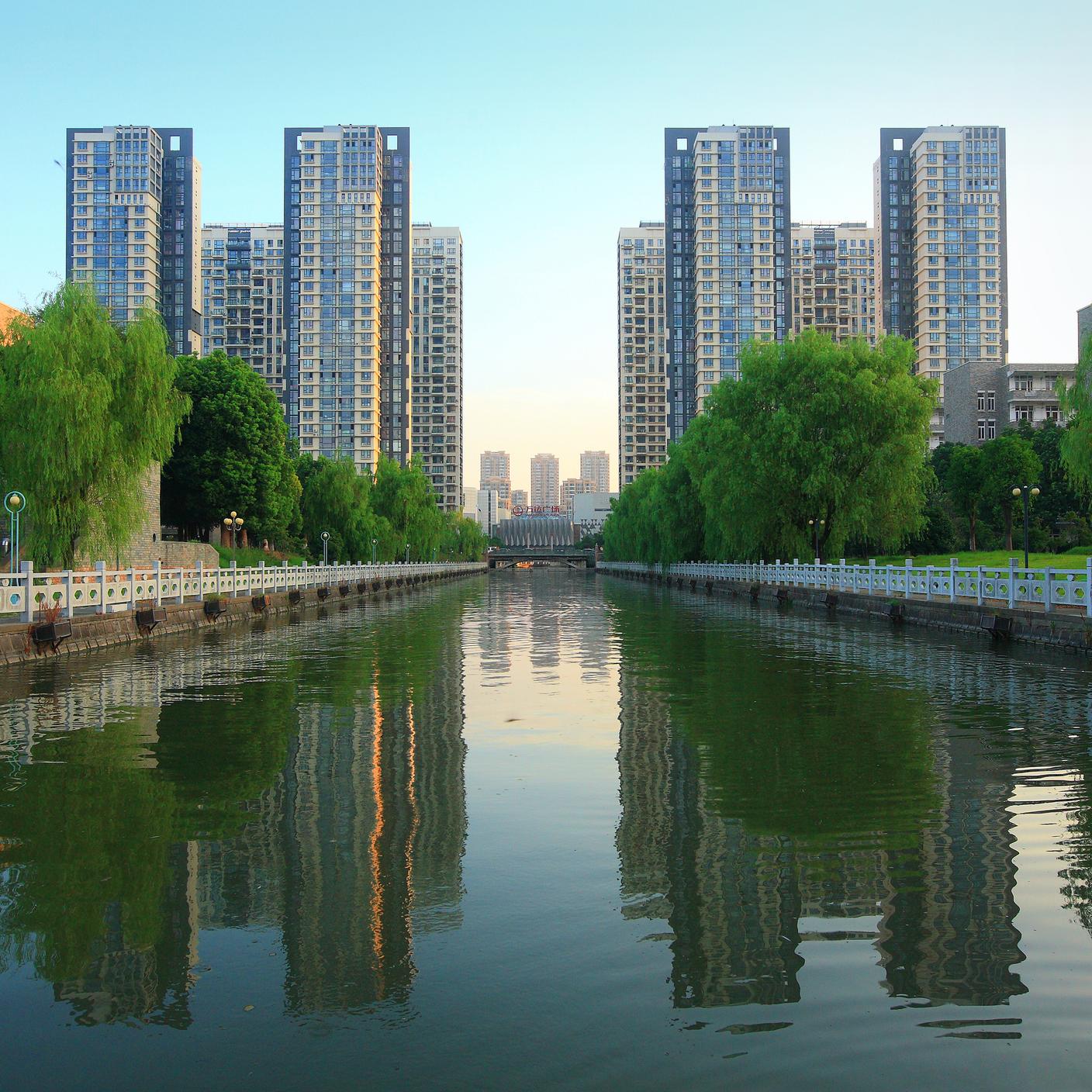 View of the city line from the river