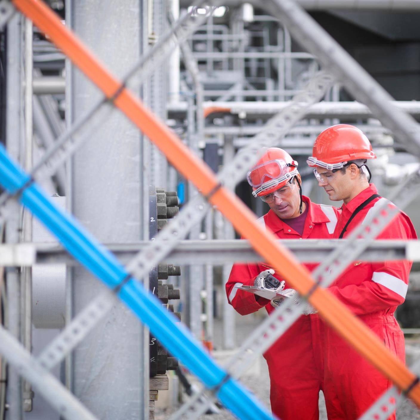 Global energy storage landscape - Workers inspect gas storage plant, in Hampshire, England