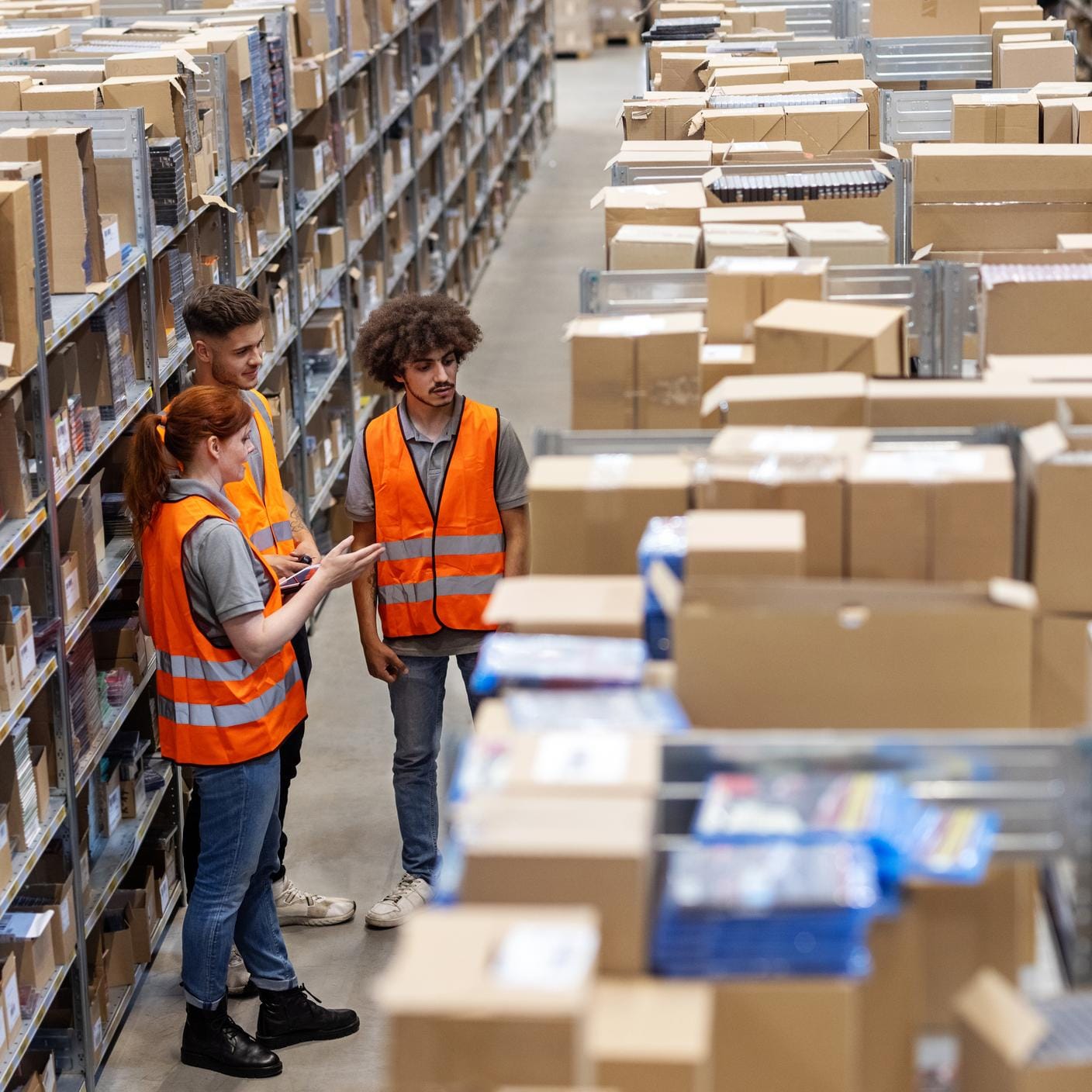 Supply Chain - Multiracial warehouse workers discussing inventory in the warehouse