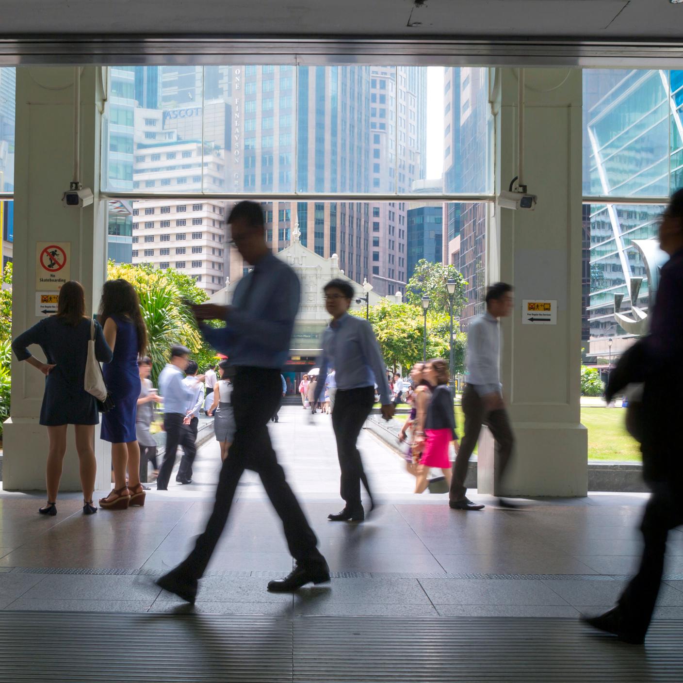 The entrance to Raffles Place MRT station in Singapore's financial district