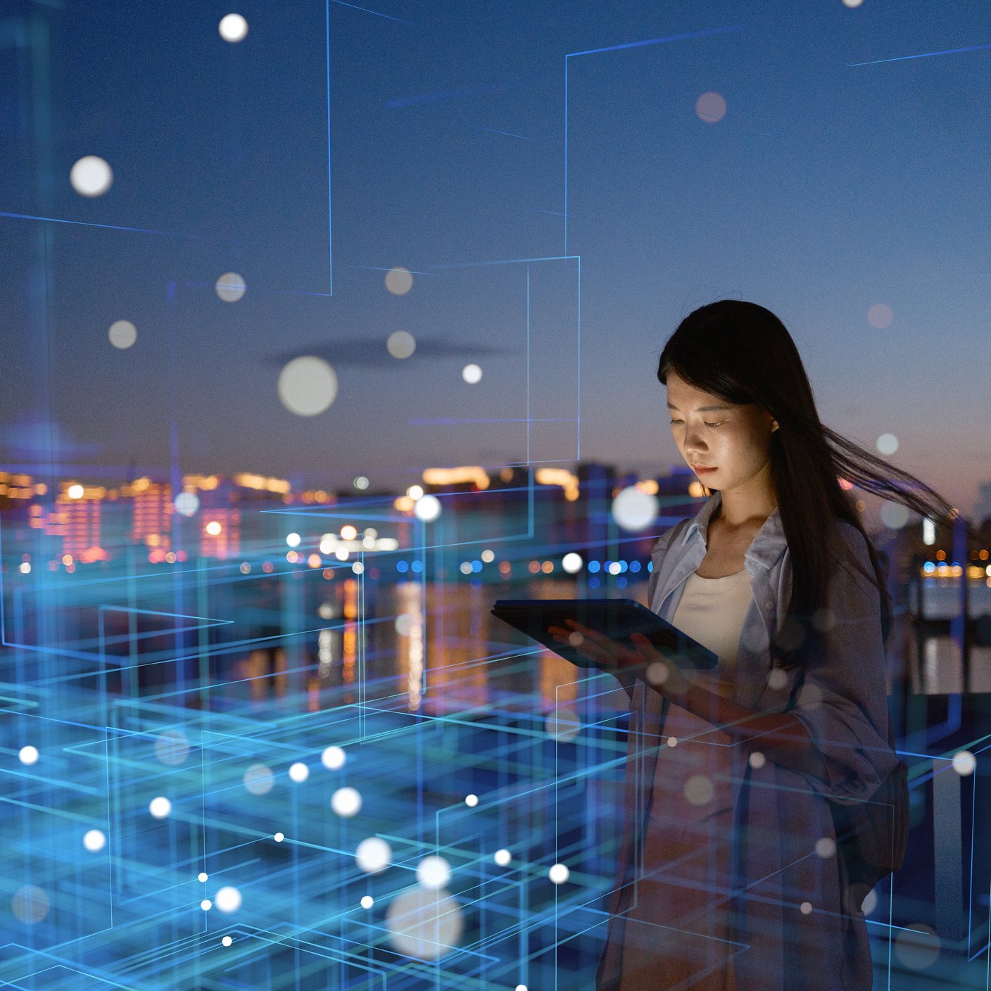 a woman looking at a device
