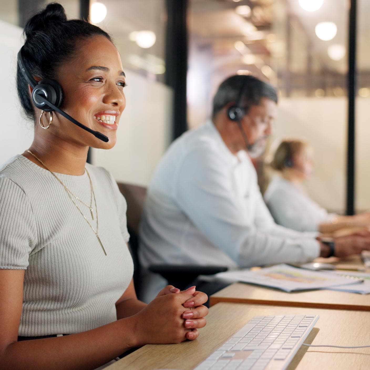 conversation on headset at office