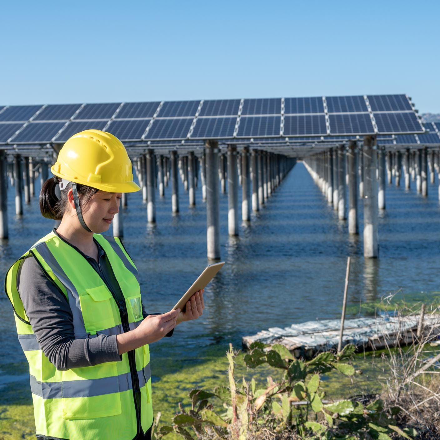 Solar panels on lake 