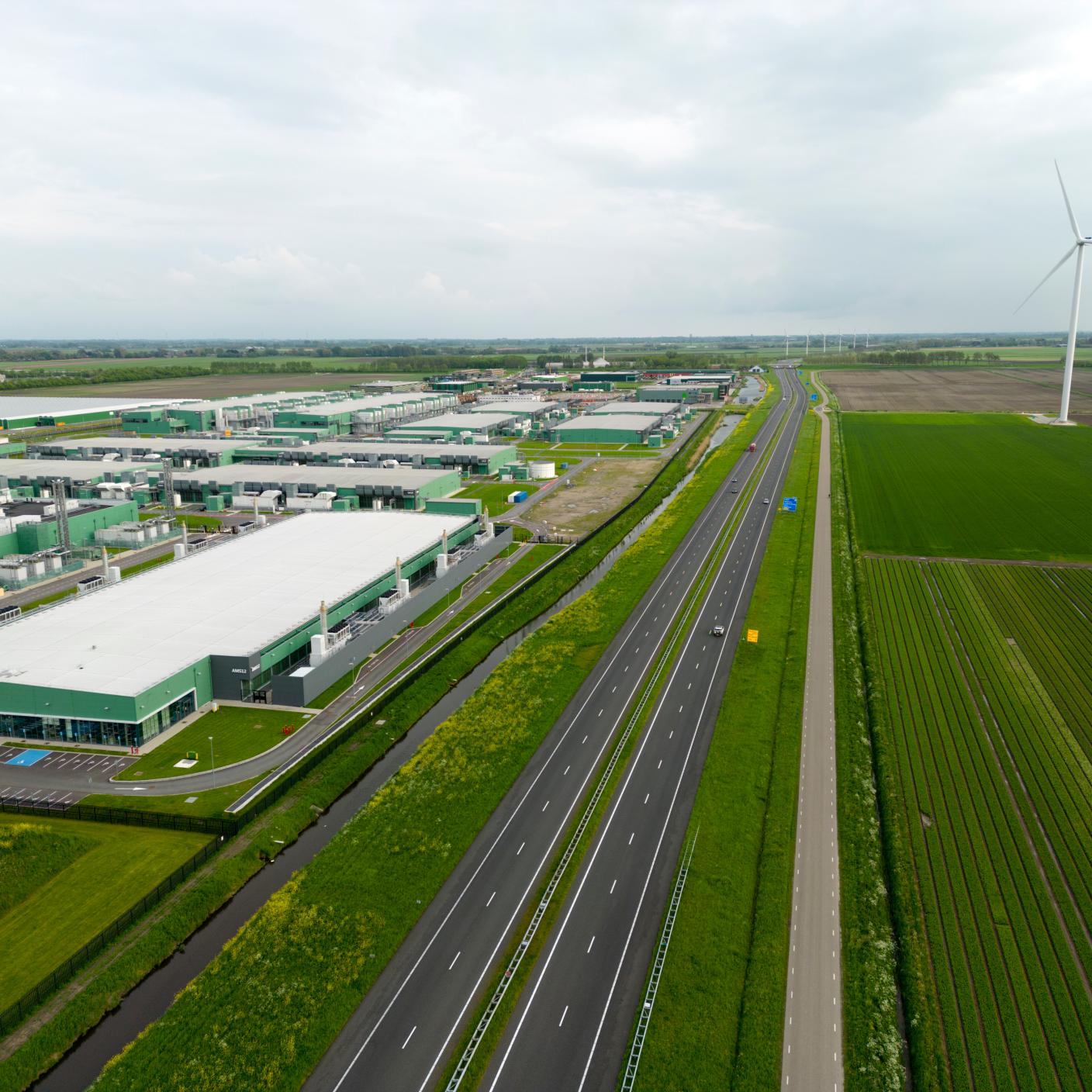 Aerial view of a large datacenter in Noord Holland, The Netherlands