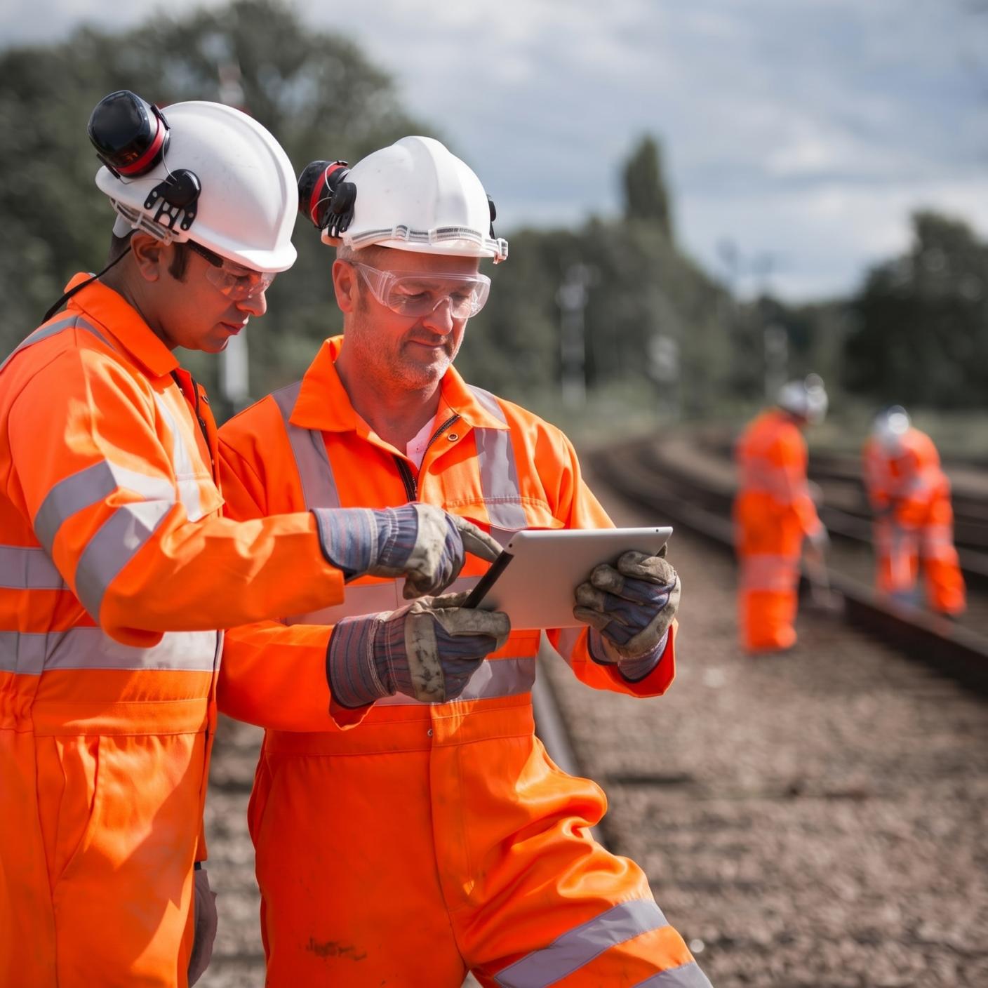 Engineers in PPE at a railway track.