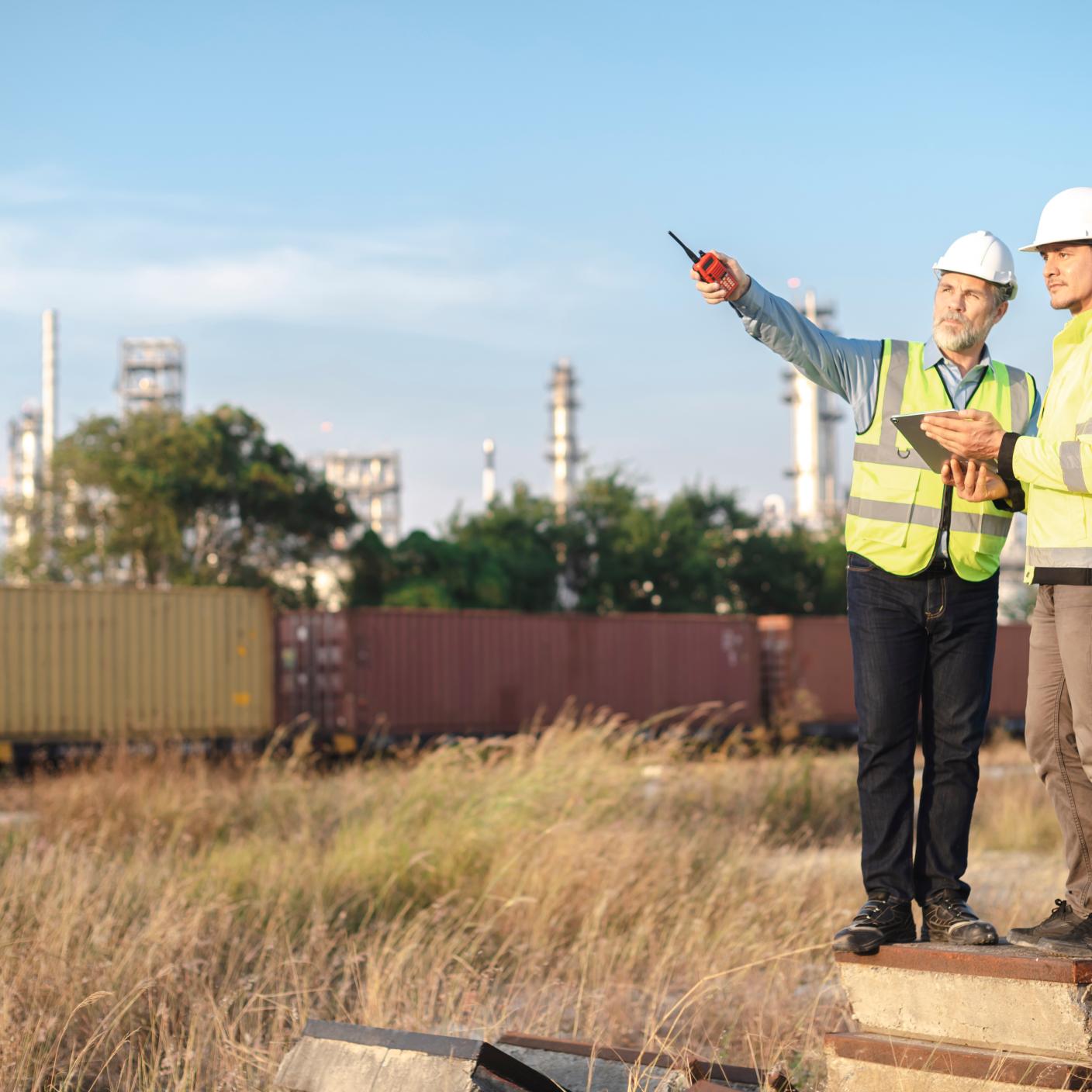 senior engineer Looking at a diagram of a new oil pipeline from an oil refinery.