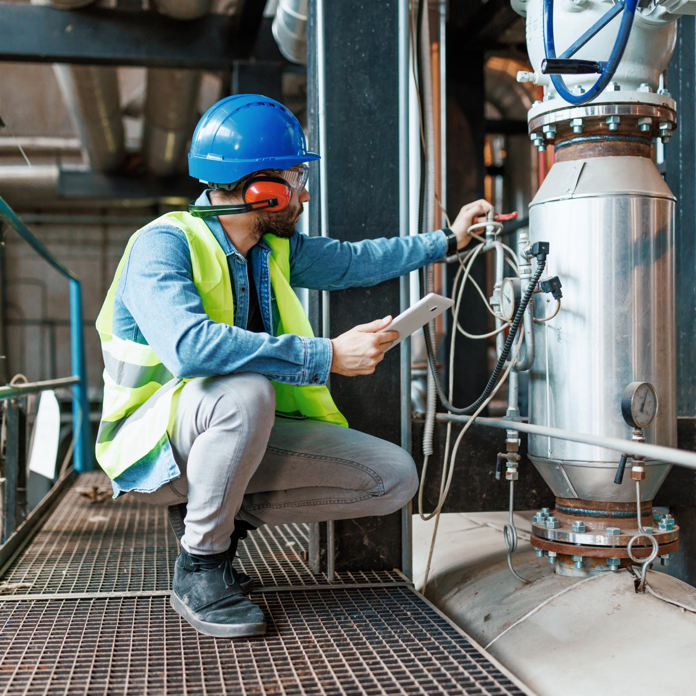  An Engineer is squatting down and checking the manometer on a pipe system, while holding a tablet.