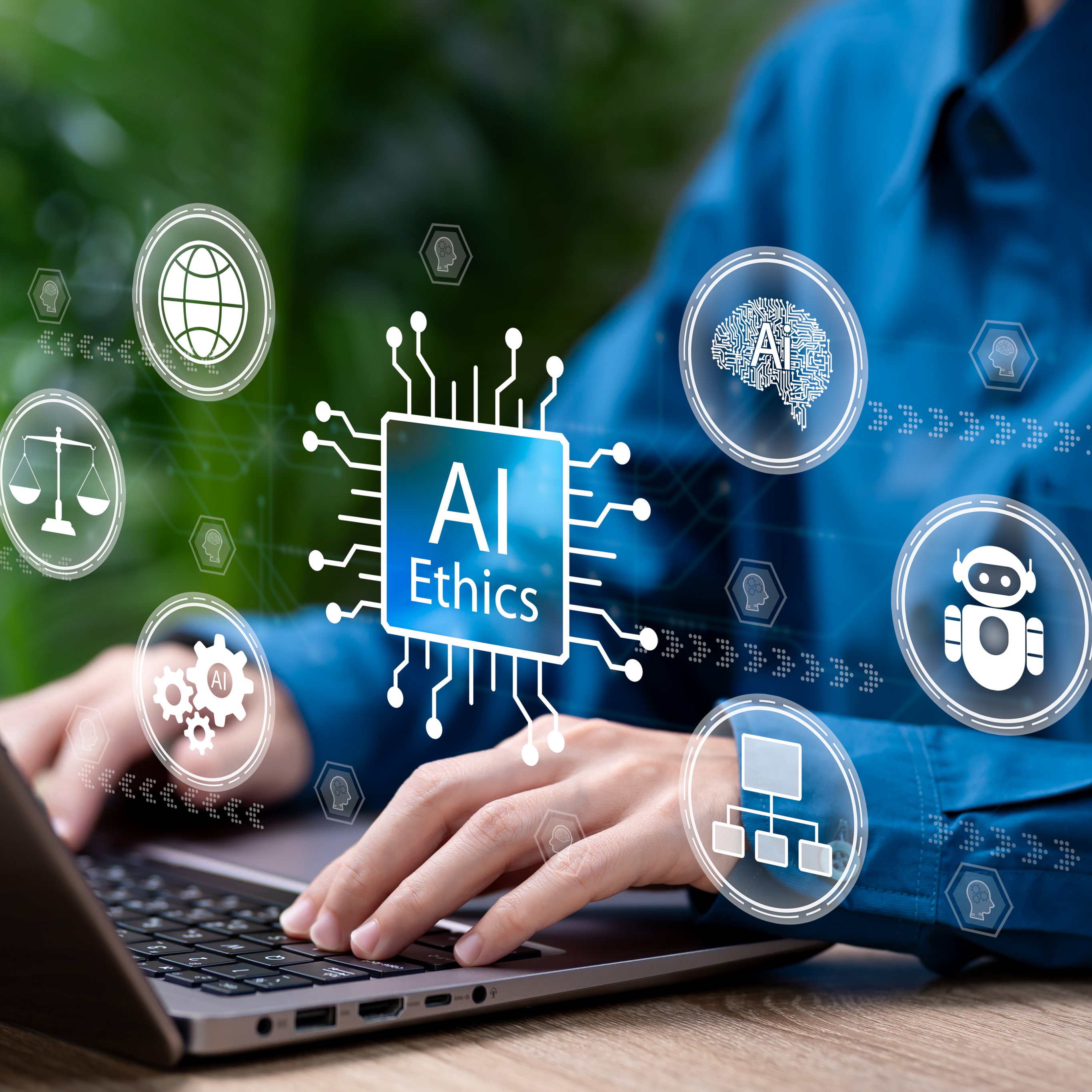 AI and Ethics Concept, Businesswoman Using Artificial Intelligence Carefully, Ethical Awareness, Human-Centred Technology, Legal Compliance, Responsible AI, Data Protection, Moral Responsibility