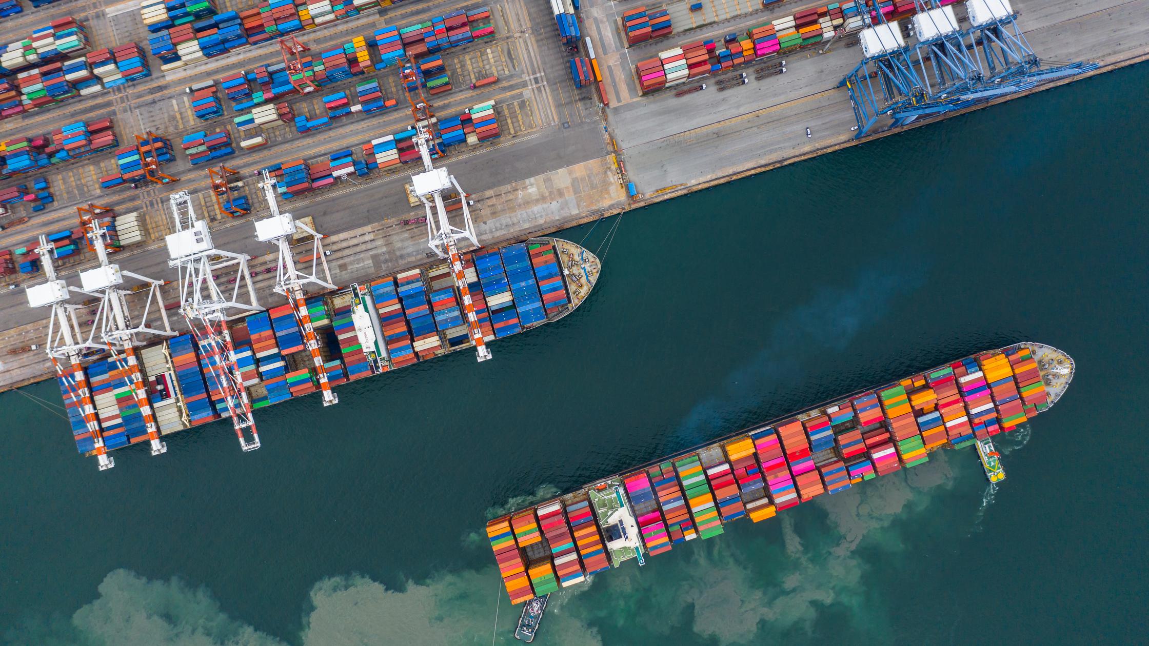 Supply Chain - Aerial view cargo ship terminal