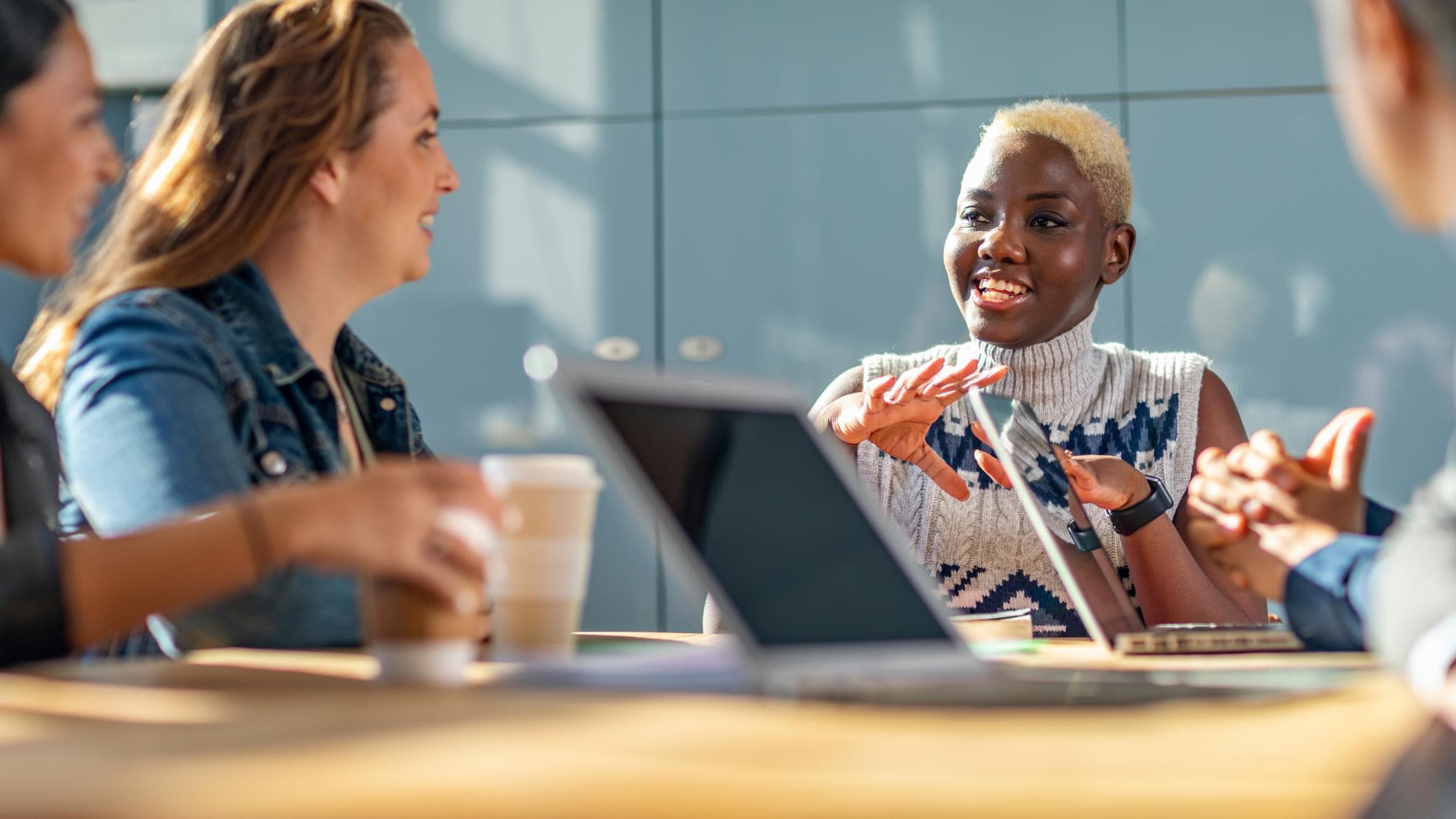 health safety - wellbeing woman discussing business meeting 