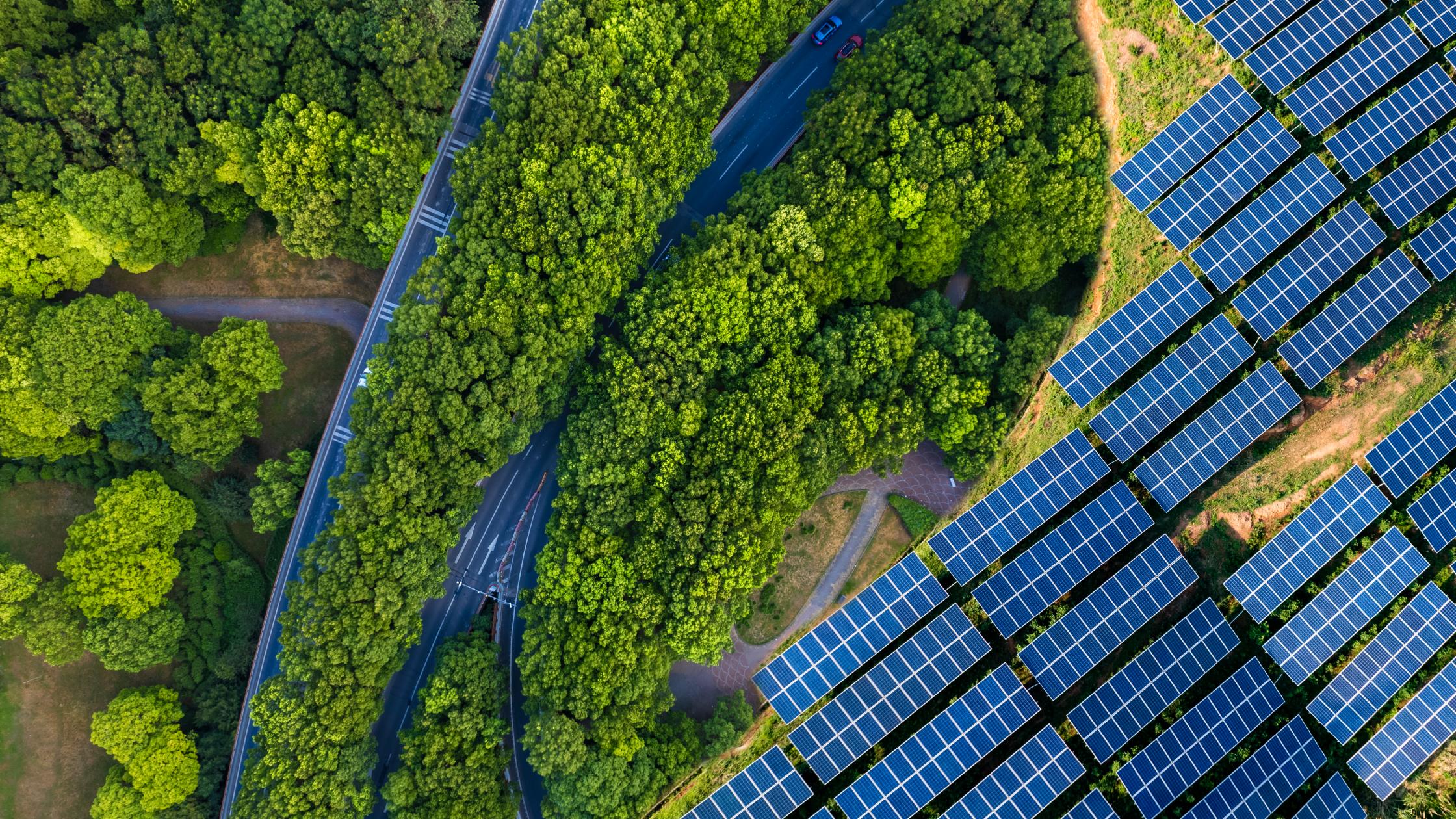 High angle view of Solar panels , agricultural landscape.