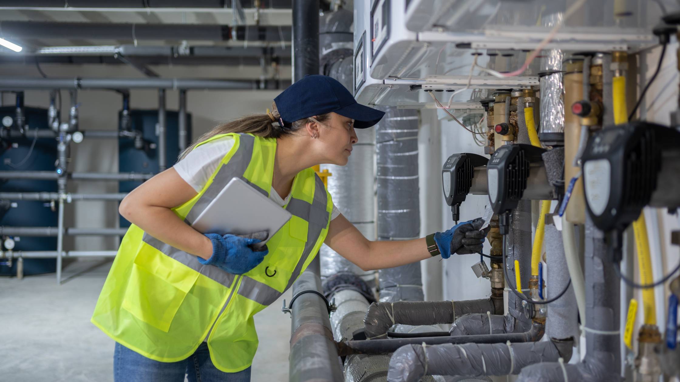 Technician female checking heating system