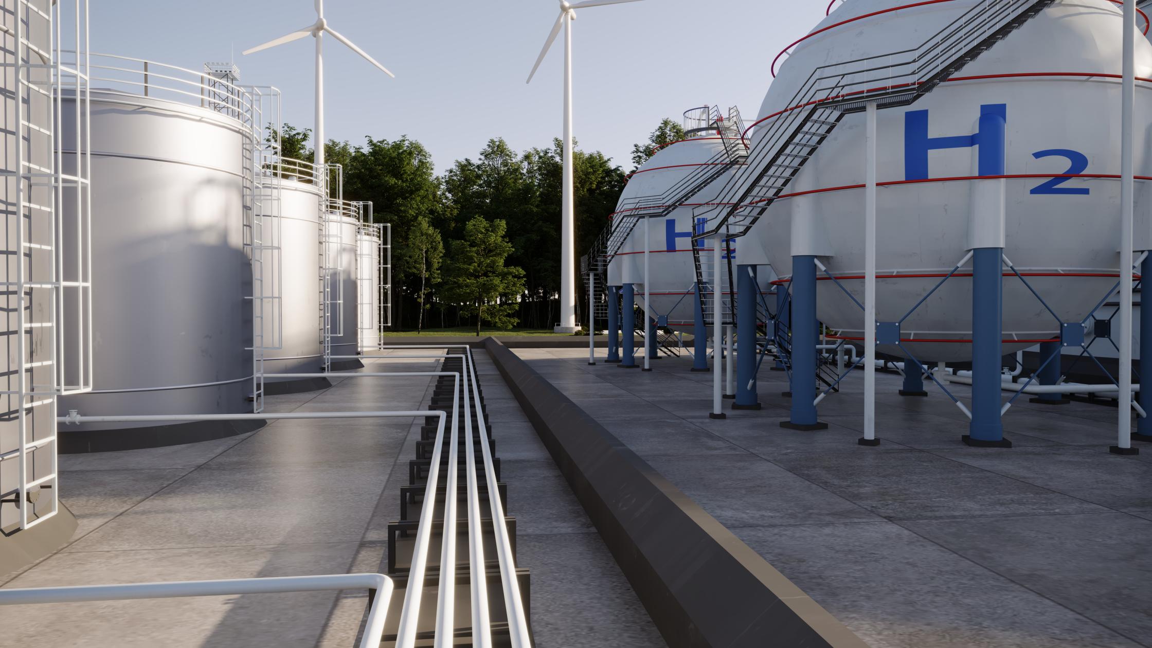 Spherical hydrogen tanks in an industrial energy plant.