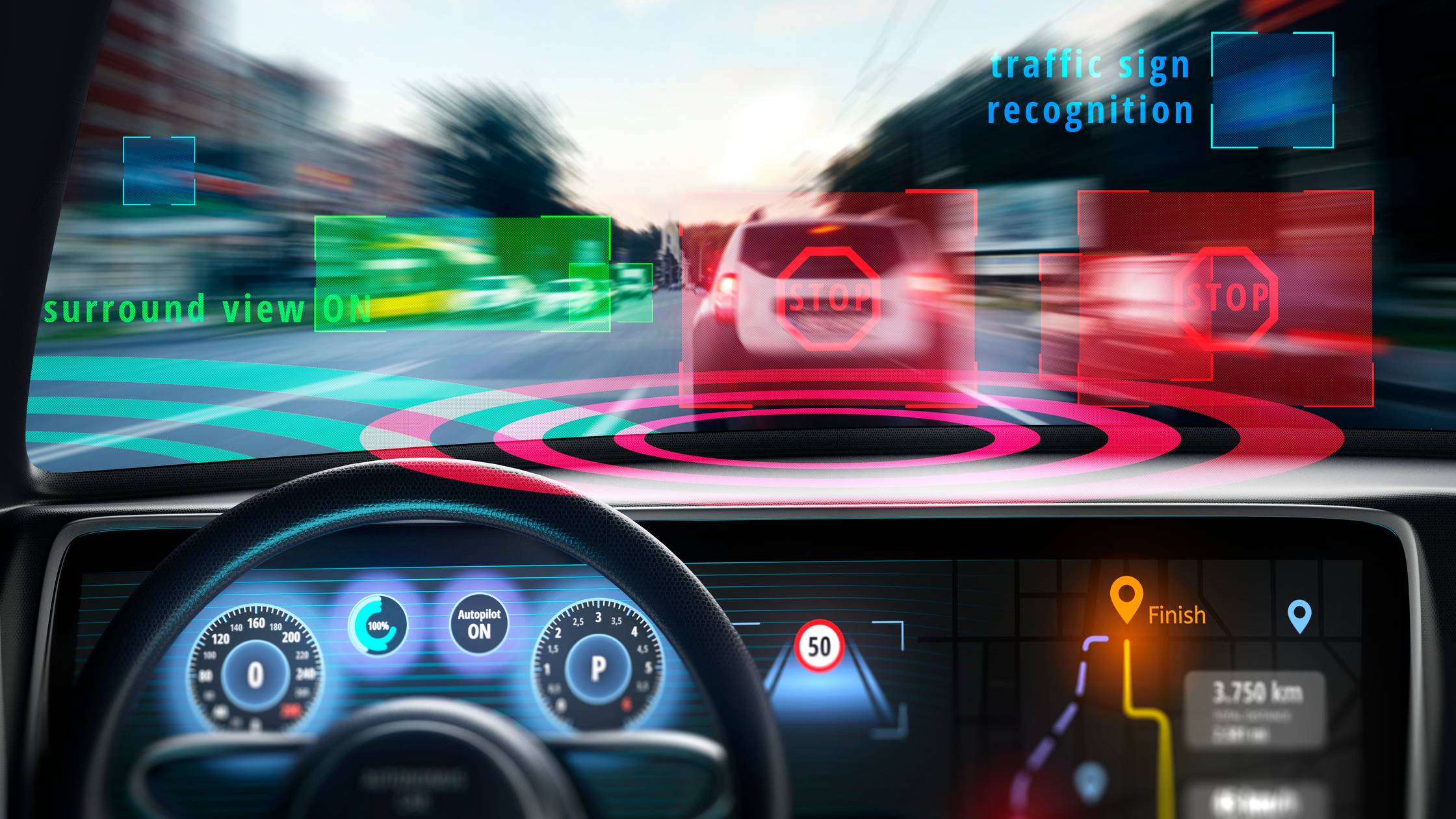 3D illustration of robotic hands on steering wheel while driving autonomous car